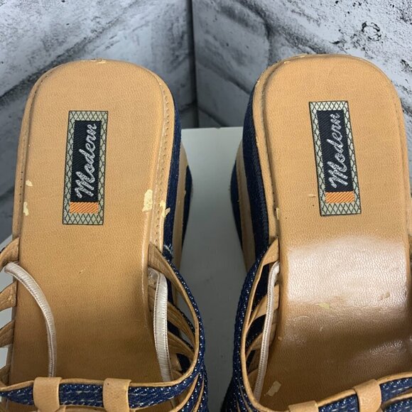 Vintage Y2K Denim Faux Leather Square Open Toe Platform Wedge Sandal - Picture 5 of 10